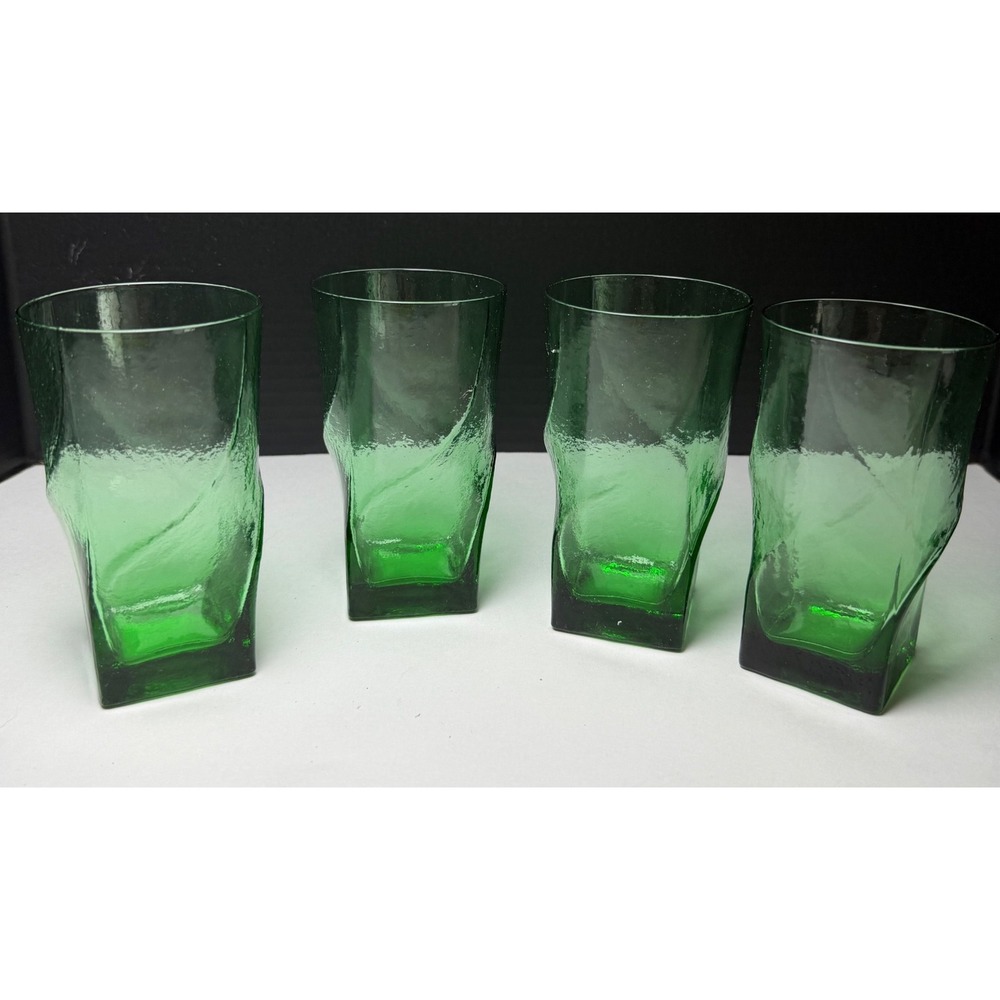 Vintage Morgantown Swirl Green Glass Tumblers MCM Square Base Set of 4